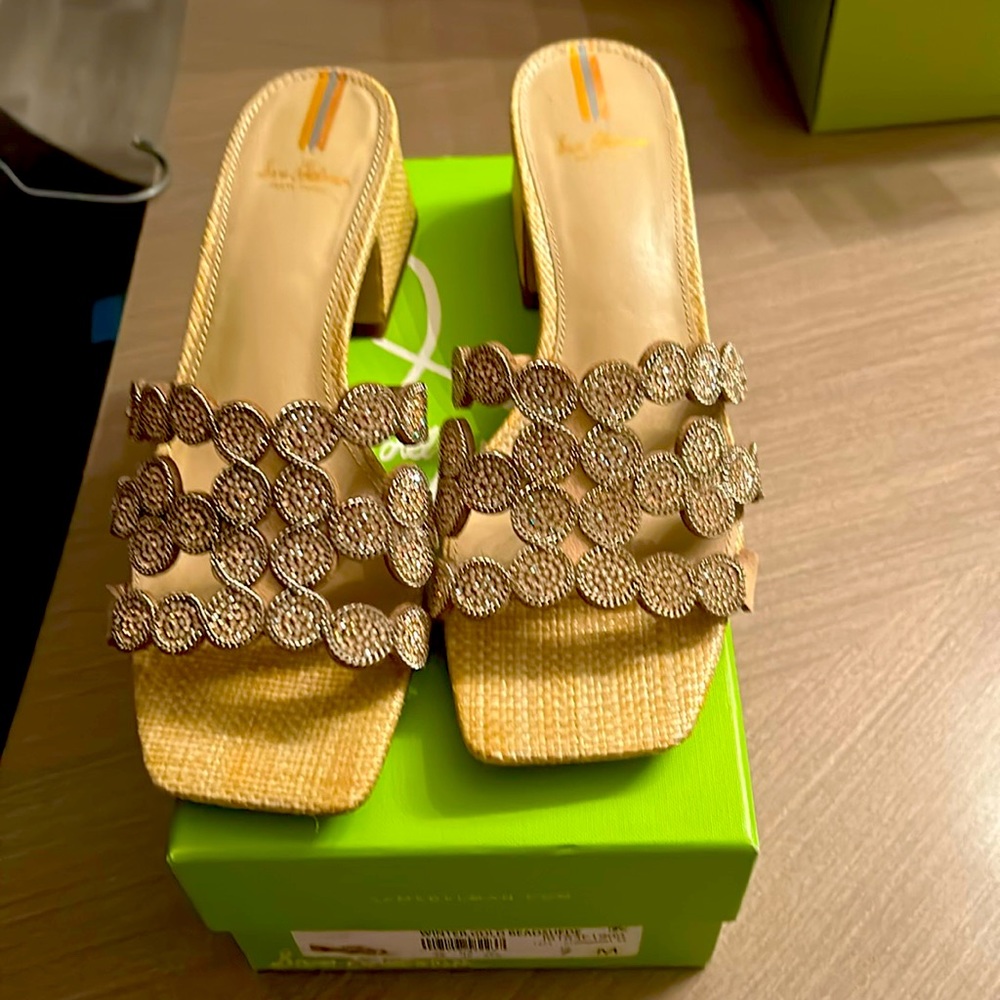 Sam Edelmen raffia studded mules.